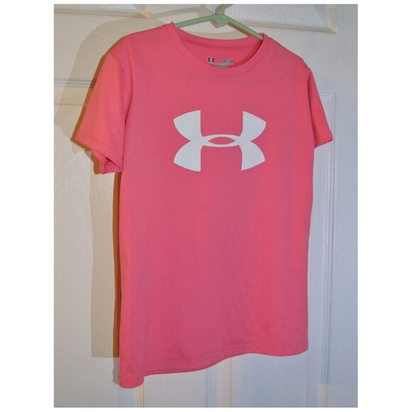 Under Armor Heat Gear Logo T-Shirt Unisex Pink Child Size XS Loose Short Sleeve - Picture 1 of 3